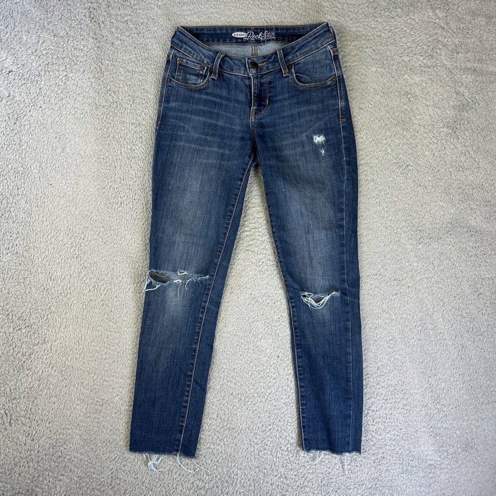 Old Navy Rockstar Jeans Womens 2 Blue Denim Pants Ripped Raw‎ Hem Cropped Curvy